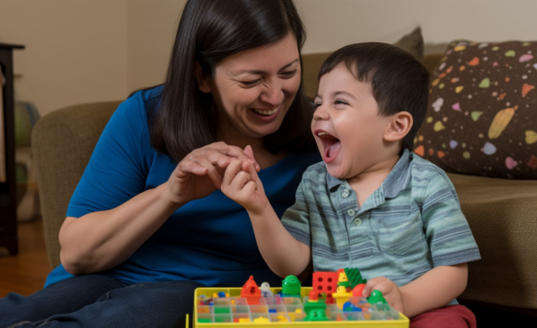 An image depicting a child with special needs using assistive technology such as a communication device or sign language while interacting with a parent or caregiver. The image conveys the importance of finding effective communication strategies for children with special needs to promote their social and emotional development.