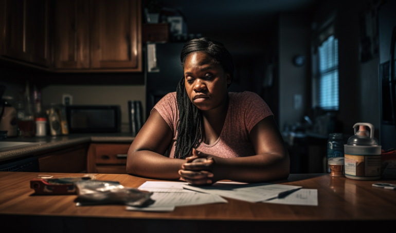 A single parent sitting at a desk with a laptop, calculator, and financial documents spread out in front of them. They have a concerned expression on their face as they try to manage their finances.