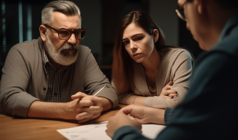 Image: Two parents sitting at a table with papers spread out and looking frustrated. Alt text: Two parents discussing a co-parenting schedule that is not working and looking frustrated.